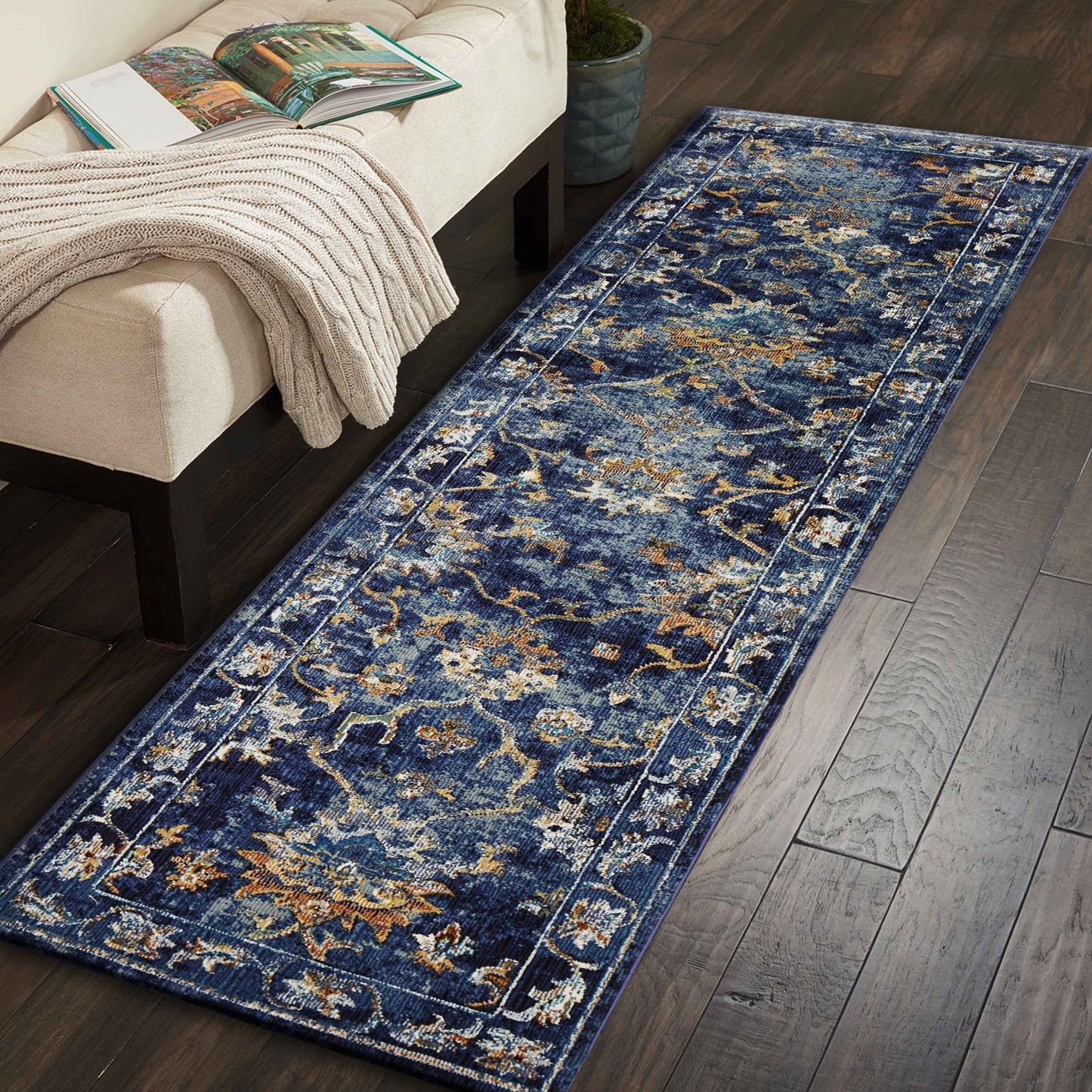 8' X 10' Blue Aqua and Gold Oriental Distressed Area Rug