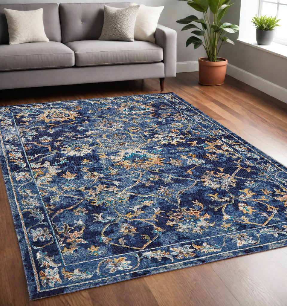 8' X 10' Blue Aqua and Gold Oriental Distressed Area Rug