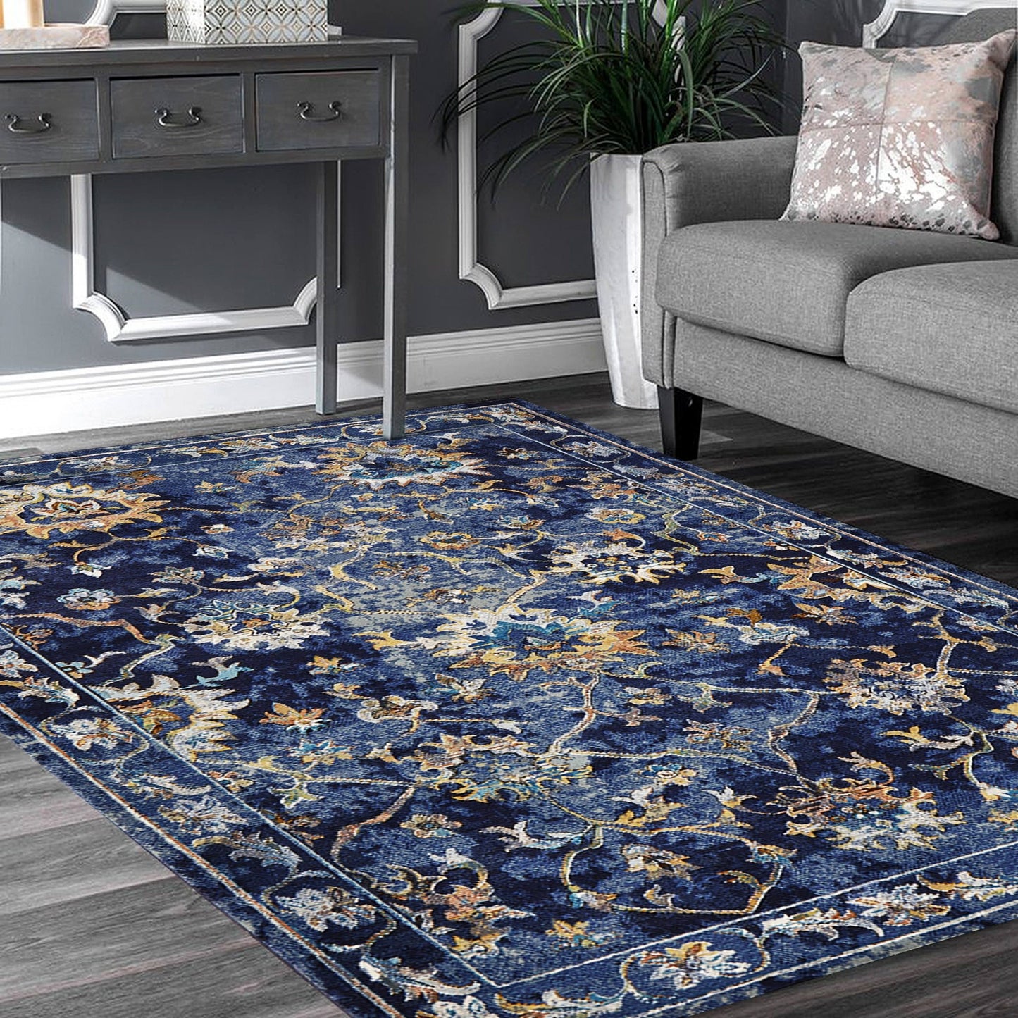 8' X 10' Blue Aqua and Gold Oriental Distressed Area Rug