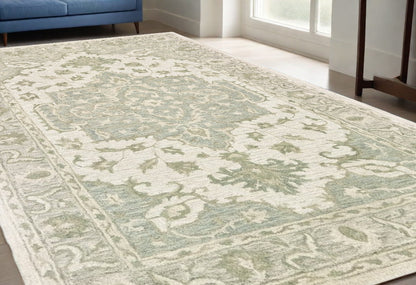 5' X 8' Green and Cream Medallion Area Rug