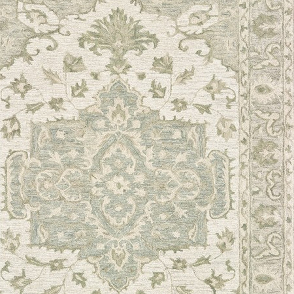 5' X 8' Green and Cream Medallion Area Rug