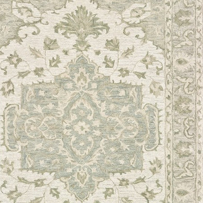 5' X 8' Green and Cream Medallion Area Rug