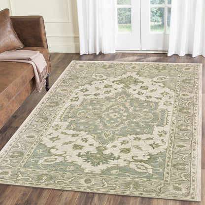 5' X 8' Green and Cream Medallion Area Rug