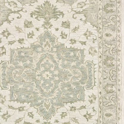 5' X 8' Green and Cream Medallion Area Rug