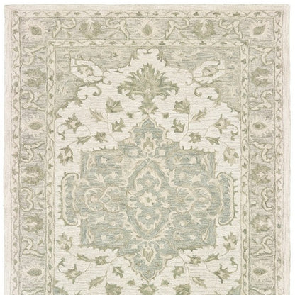 5' X 8' Green and Cream Medallion Area Rug