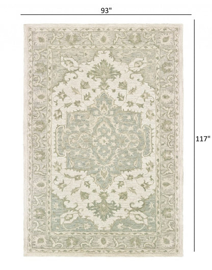 5' X 8' Green and Cream Medallion Area Rug