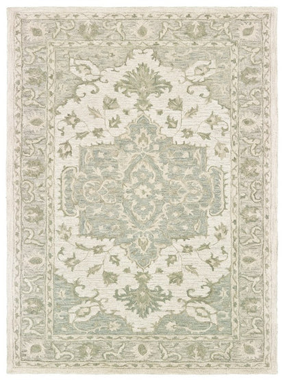 5' X 8' Green and Cream Medallion Area Rug