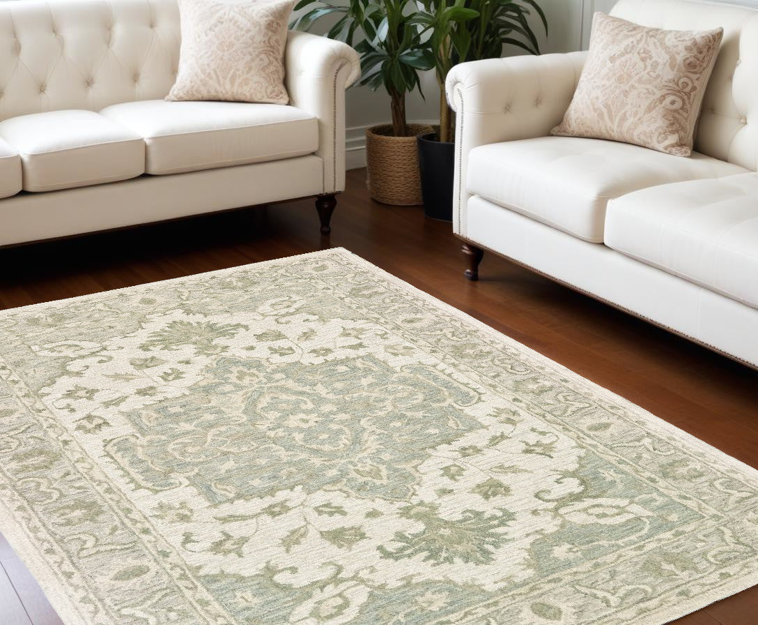 5' X 8' Green and Cream Medallion Area Rug