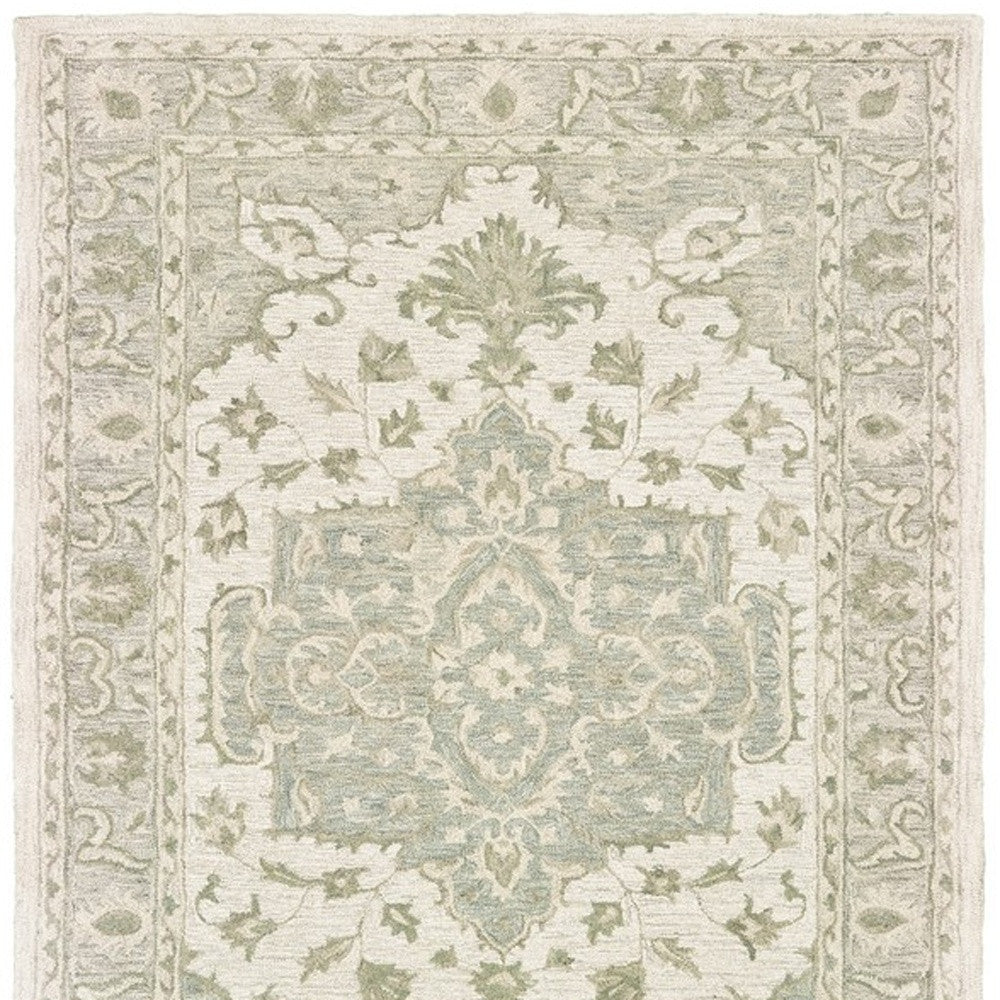 5' X 8' Green and Cream Medallion Area Rug