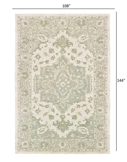 5' X 8' Green and Cream Medallion Area Rug