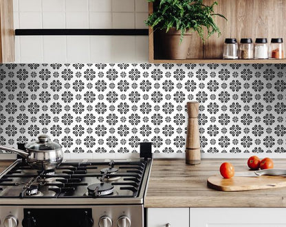 6" X 6" Black and White Daisy Peel and Stick Removable Tiles