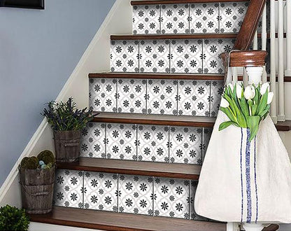 4" X 4" Black and White Lil Daisy Peel and Stick Removable Tiles