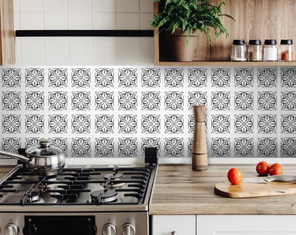 4" X 4" White and Black Cross Peel and Stick Removable Tiles