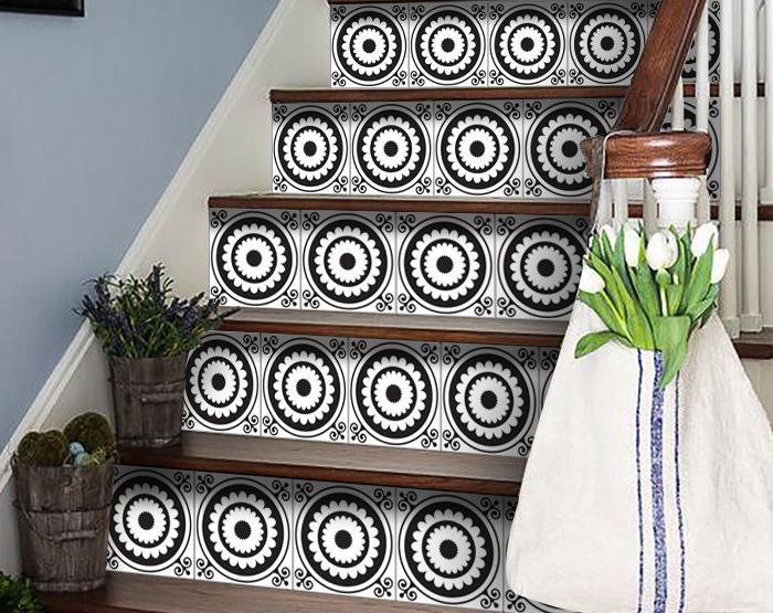 5" X 5" Black and White Posy Peel and Stick Removable Tiles