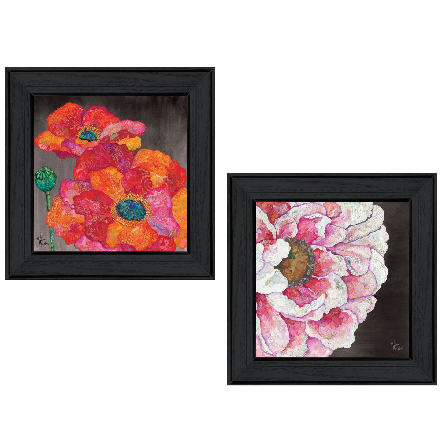 Set Of Two Blooms On Black 2 Black Framed Print Wall Art