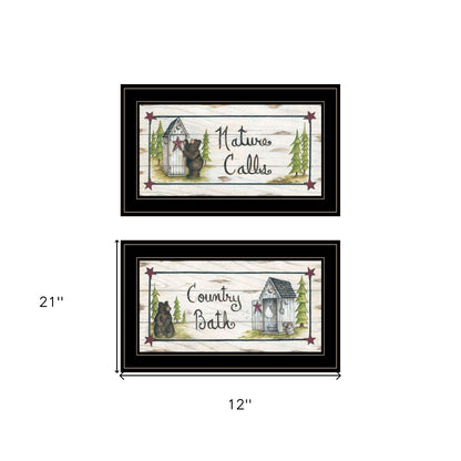 Set Of Two Whimsical Bear Nature Calls Black Framed Bathroom Prints Wall Art