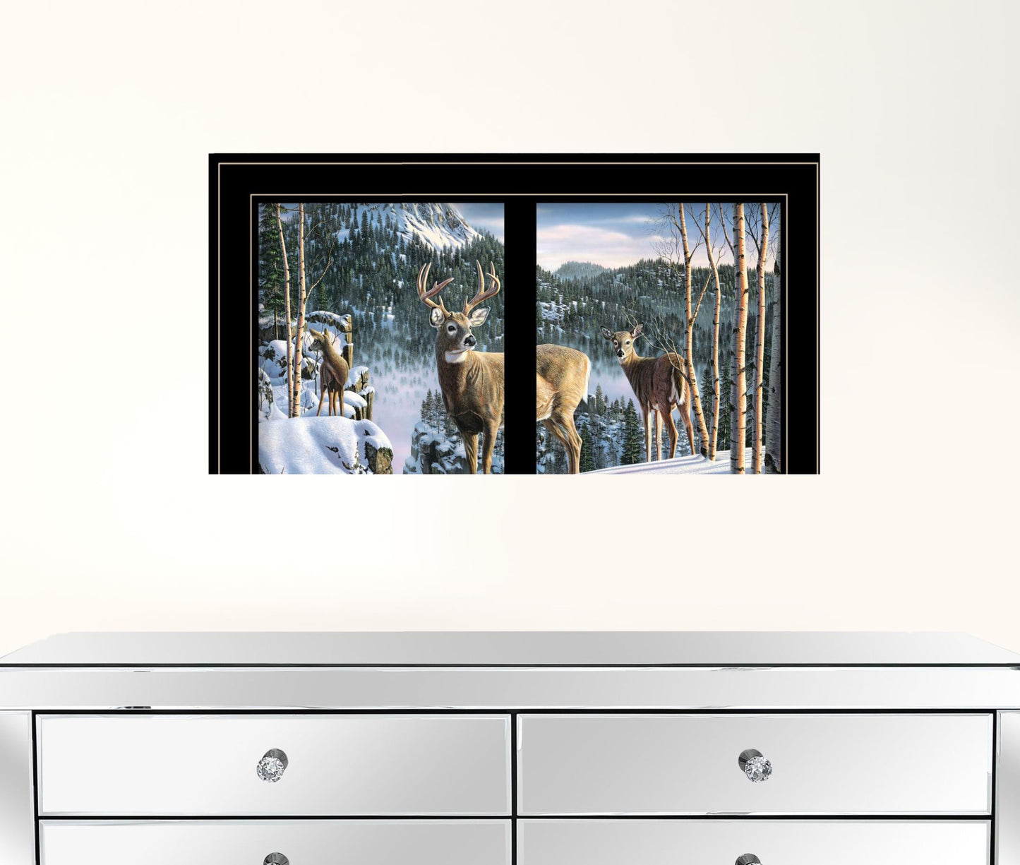 Morning View Deer 4 Black Framed Print Wall Art