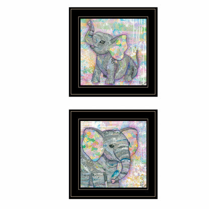 Set Of Two Whimsical Pastel Elephant Black Framed Print Wall Art