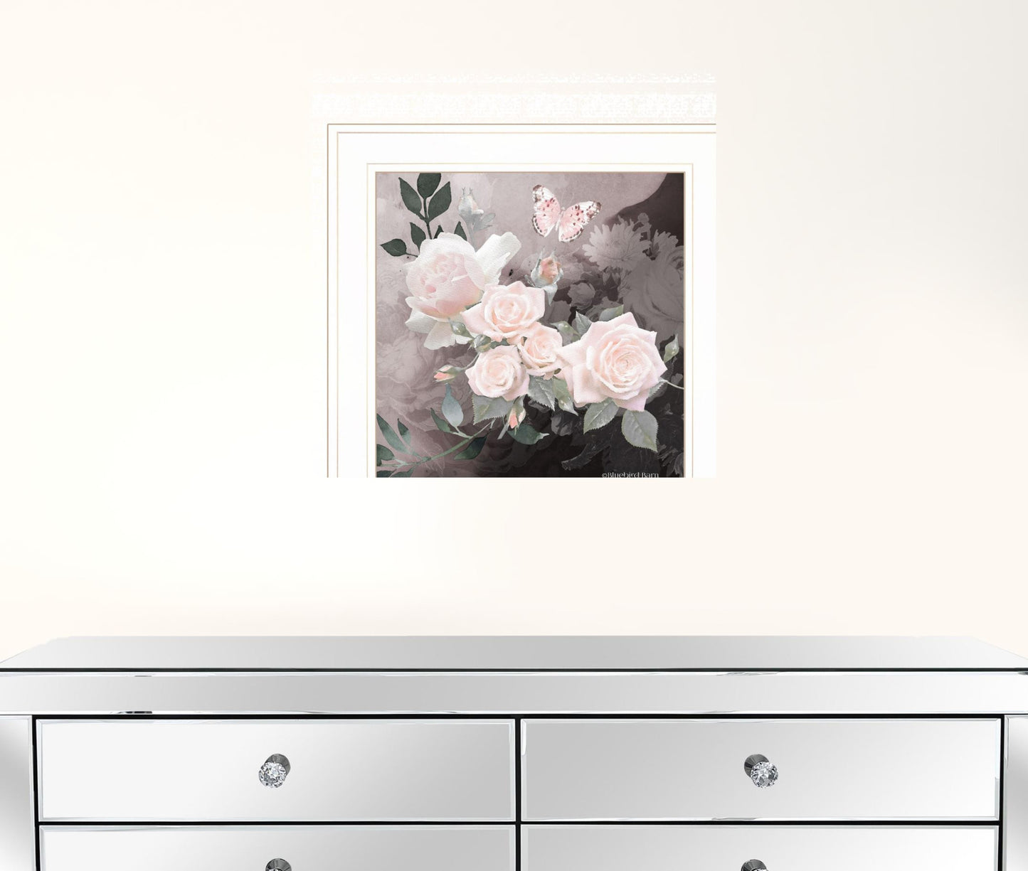 Pink Roses and Butterfly White Framed Print Wall Art