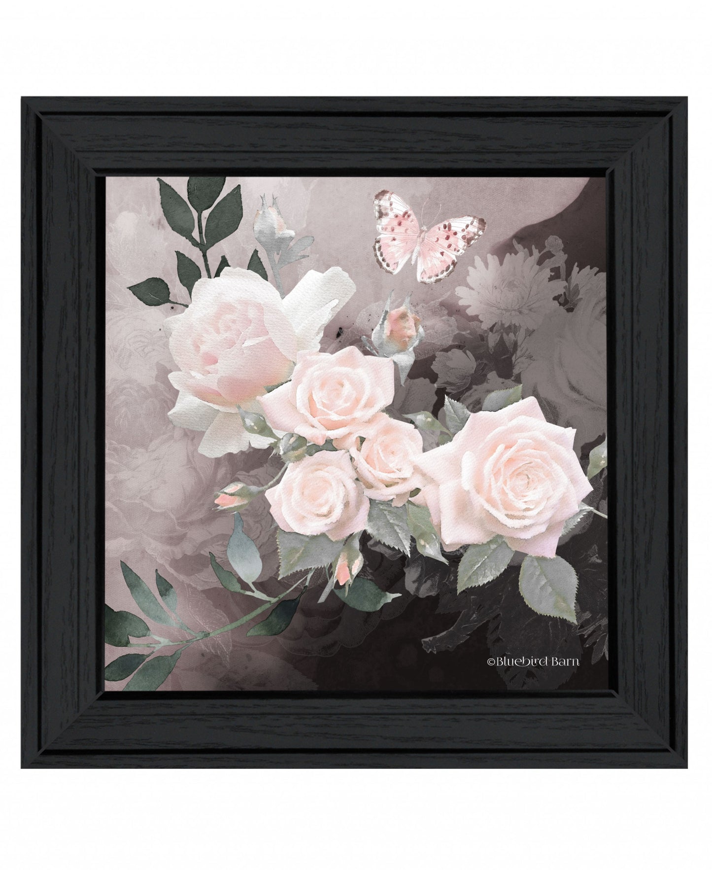 Pink Roses and Butterfly White Framed Print Wall Art