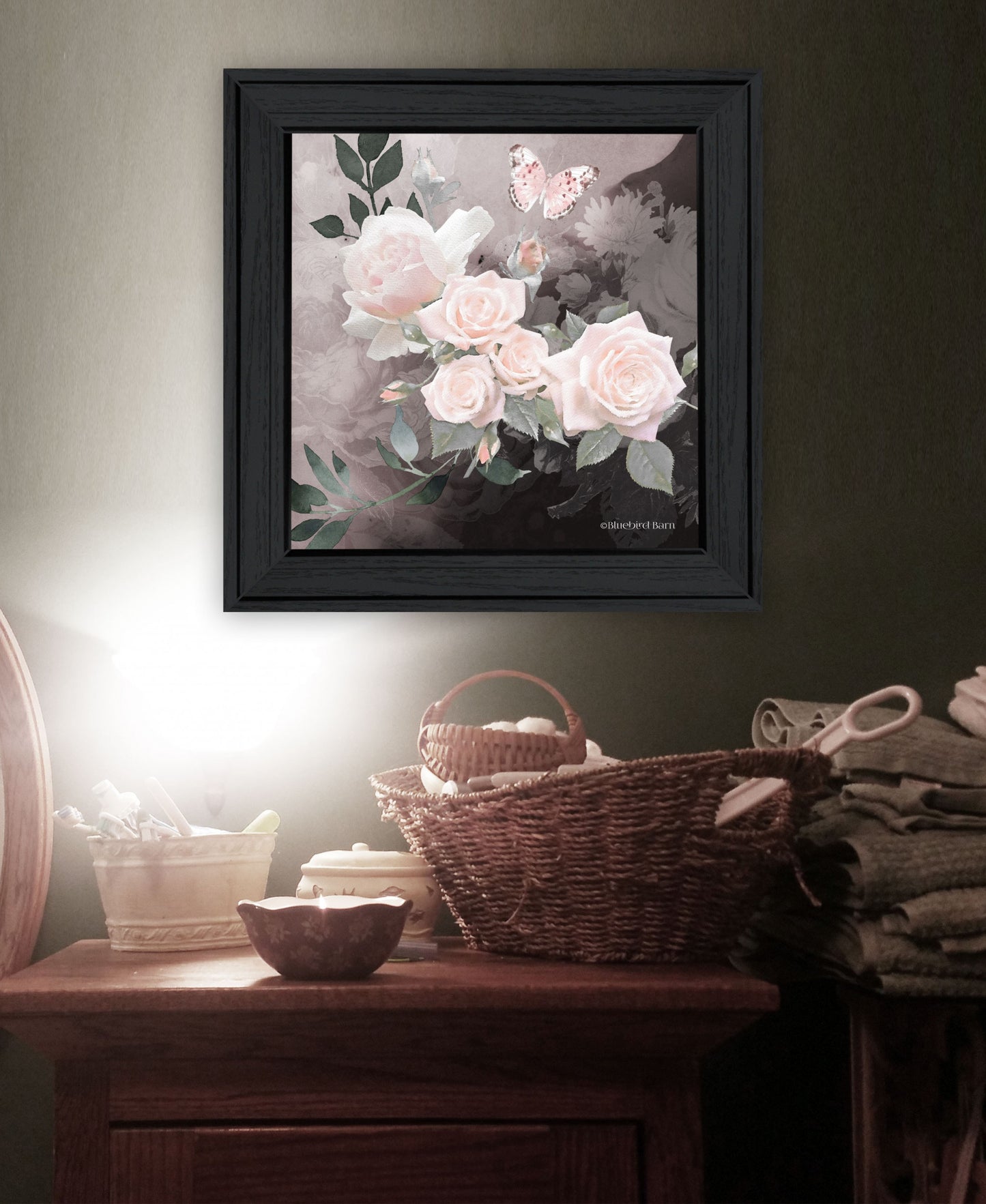 Pink Roses and Butterfly White Framed Print Wall Art