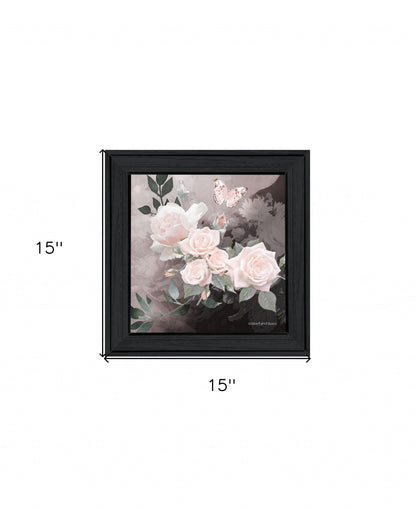 Pink Roses and Butterfly White Framed Print Wall Art