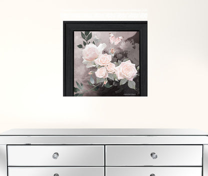 Pink Roses and Butterfly White Framed Print Wall Art