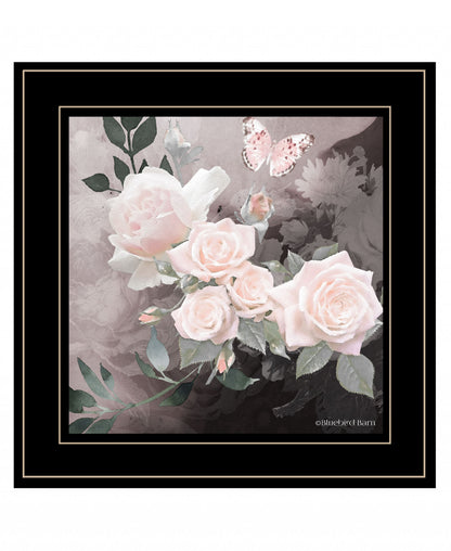 Pink Roses and Butterfly White Framed Print Wall Art