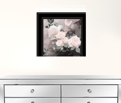 Pink Roses and Butterfly White Framed Print Wall Art