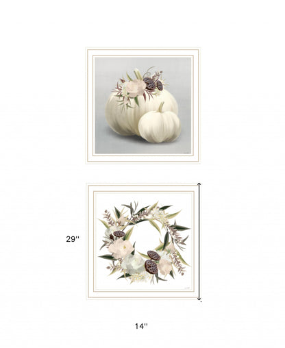 Set Of Two BOHO Pumpkins and Flowers 2 White Framed Print Wall Art