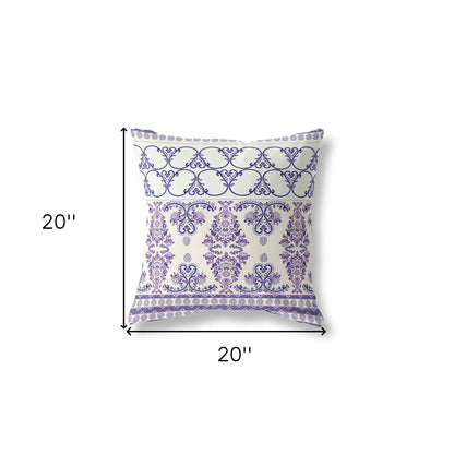 18" X 18" Off White And Navy Zippered Damask Indoor Outdoor Throw Pillow