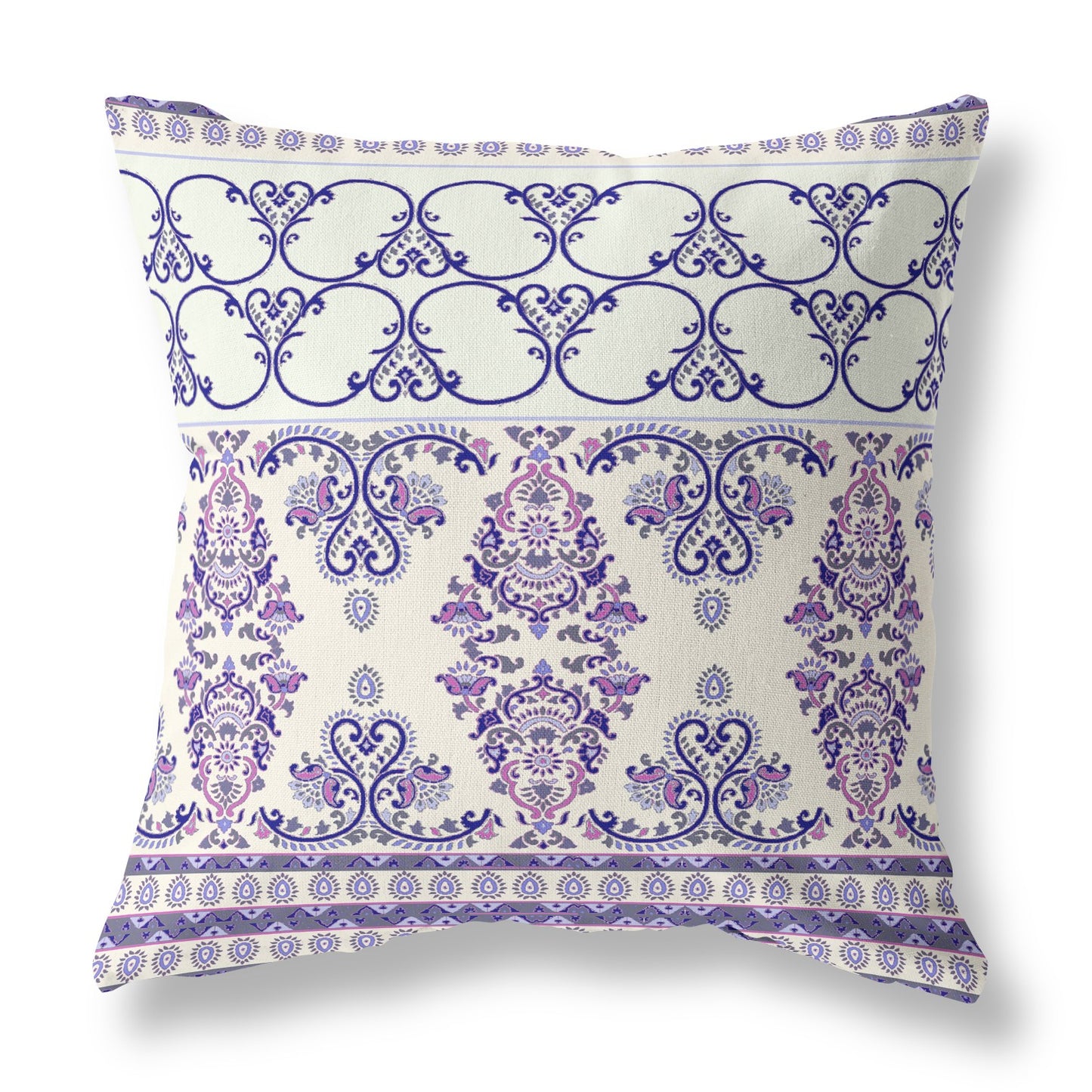 18" X 18" Off White And Navy Zippered Damask Indoor Outdoor Throw Pillow