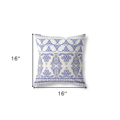 16" X 16" Off White And Blue Zippered Damask Indoor Outdoor Throw Pillow