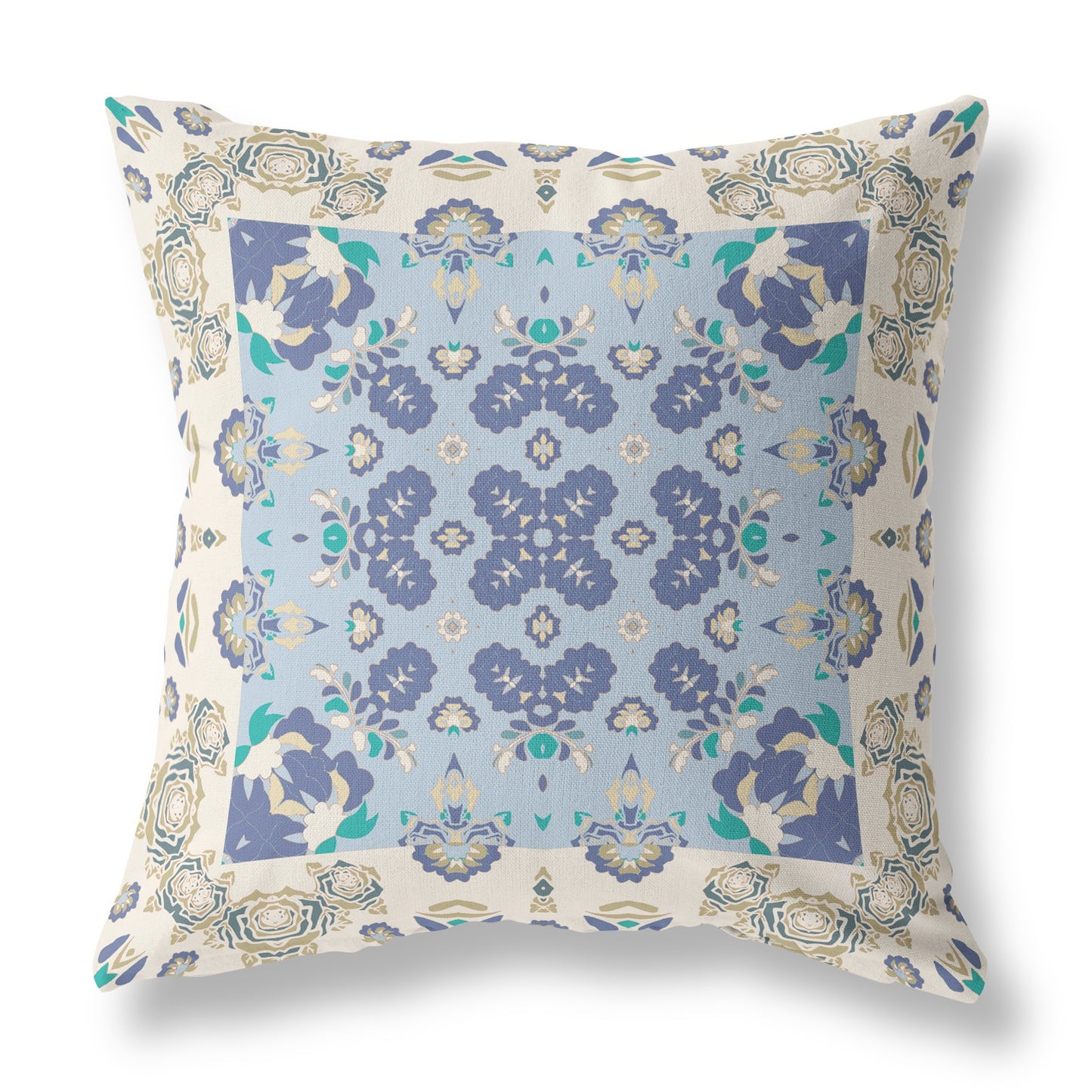 18” White Blue Rose Box Indoor Outdoor Zippered Throw Pillow