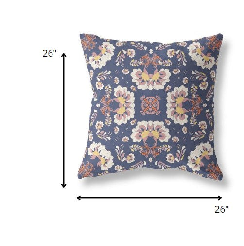 18" Blue White Floral Indoor Outdoor Zip Throw Pillow