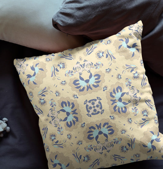 16" Beige Blue Floral Indoor Outdoor Zip Throw Pillow