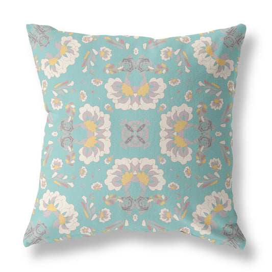 18" Mint White Floral Indoor Outdoor Zip Throw Pillow