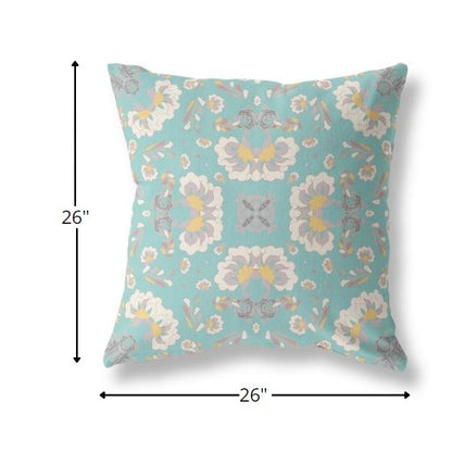 18" Mint White Floral Indoor Outdoor Zip Throw Pillow