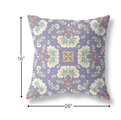 16" Purple White Floral Indoor Outdoor Zip Throw Pillow