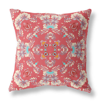 18" Red White Filigree Indoor Outdoor Zip Throw Pillow