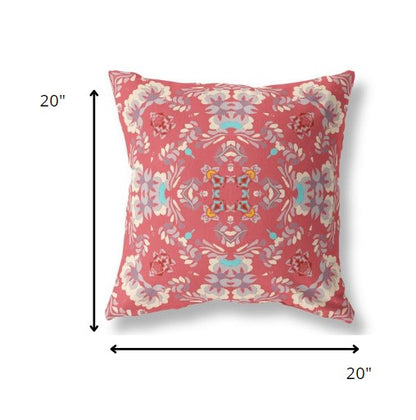 18" Red White Filigree Indoor Outdoor Zip Throw Pillow