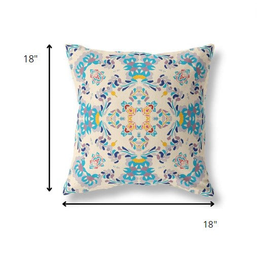 18" Blue White Filigree Indoor Outdoor Zip Throw Pillow