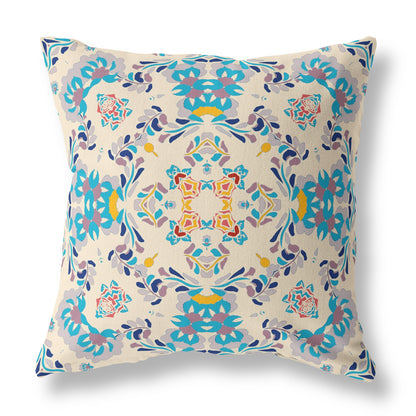 18" Blue White Filigree Indoor Outdoor Zip Throw Pillow