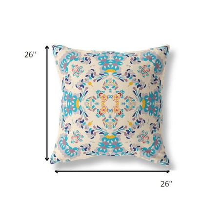 18" Blue White Filigree Indoor Outdoor Zip Throw Pillow