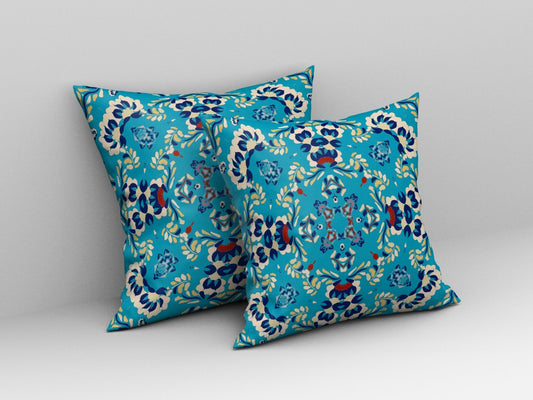 18" Cyan Blue Filigree Indoor Outdoor Zip Throw Pillow