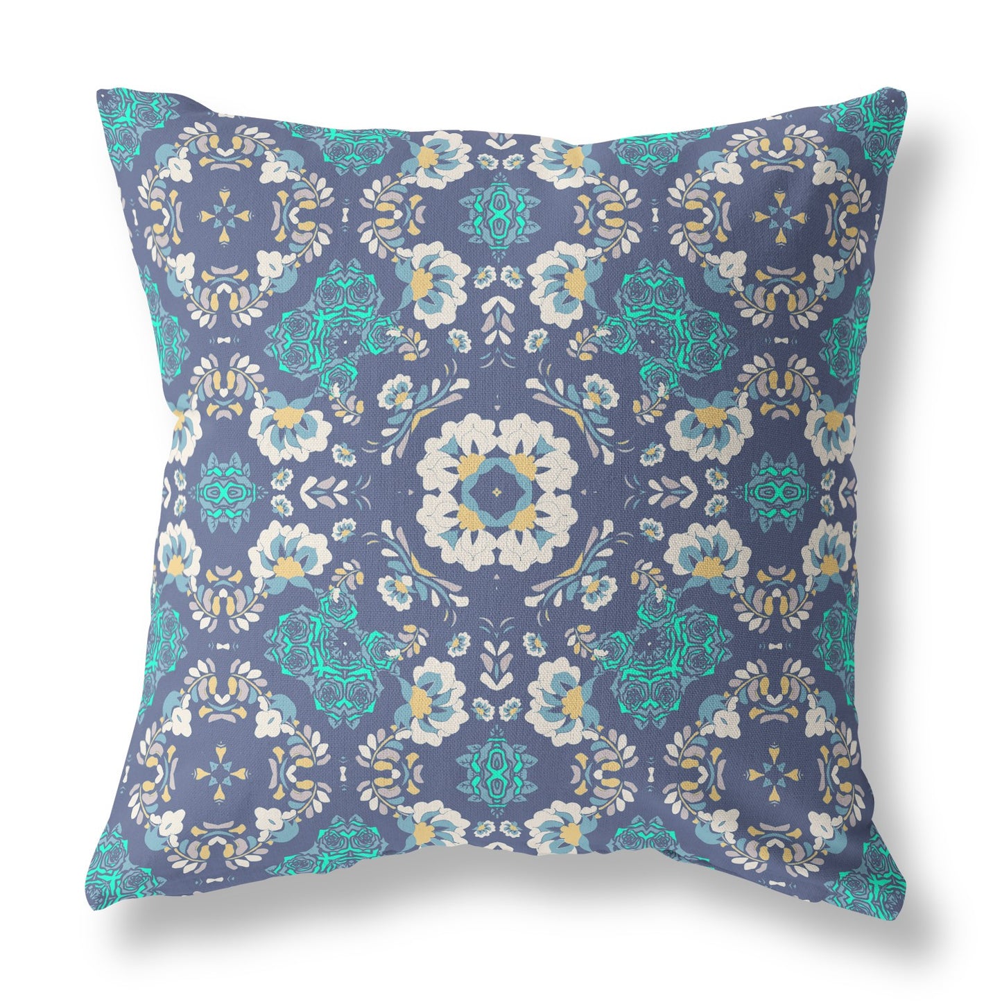 18" X 18" Blue And White Zippered Floral Indoor Outdoor Throw Pillow