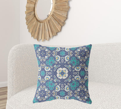 18" X 18" Blue And White Zippered Floral Indoor Outdoor Throw Pillow