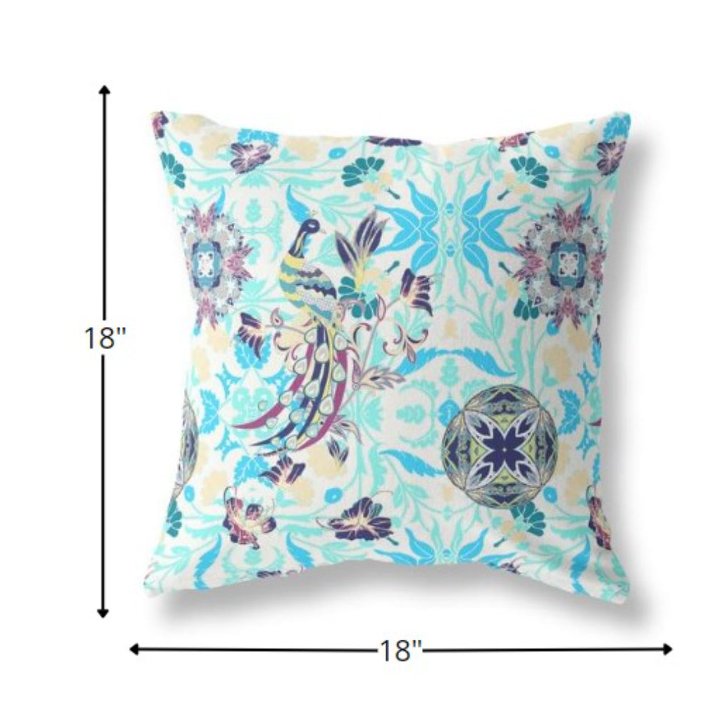 18" White Blue Peacock Indoor Outdoor Zip Throw Pillow