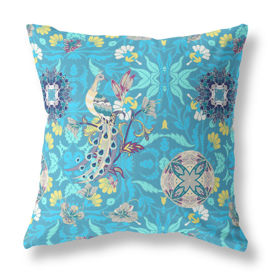 16" Turquoise Peacock Indoor Outdoor Zip Throw Pillow