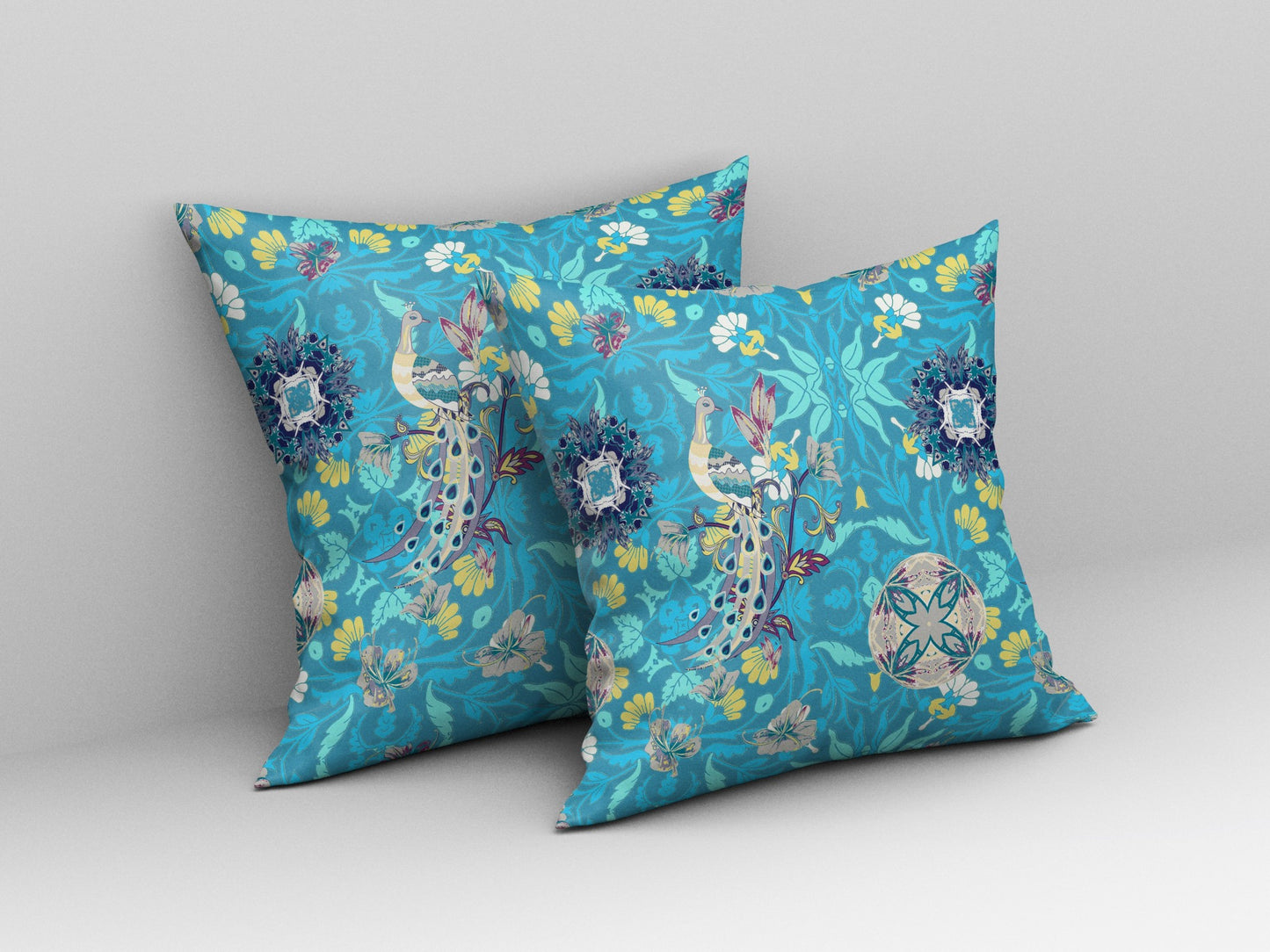 16" Turquoise Peacock Indoor Outdoor Zip Throw Pillow